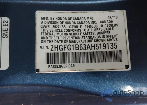 2010 Honda Civic Lx from USA, damaged, VIN 2HGFG1B63AH519135